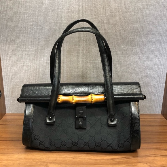 Gucci Handbags - Gucci Black GG Canvas Leather Bamboo Bullet Bag